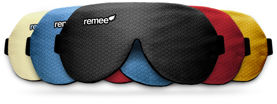 Remee sleep masks in five colors, with a black mask in the foreground